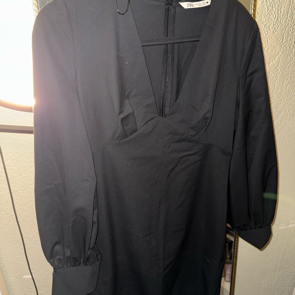 Zara Black Bishop Sleeve Plunge Dress